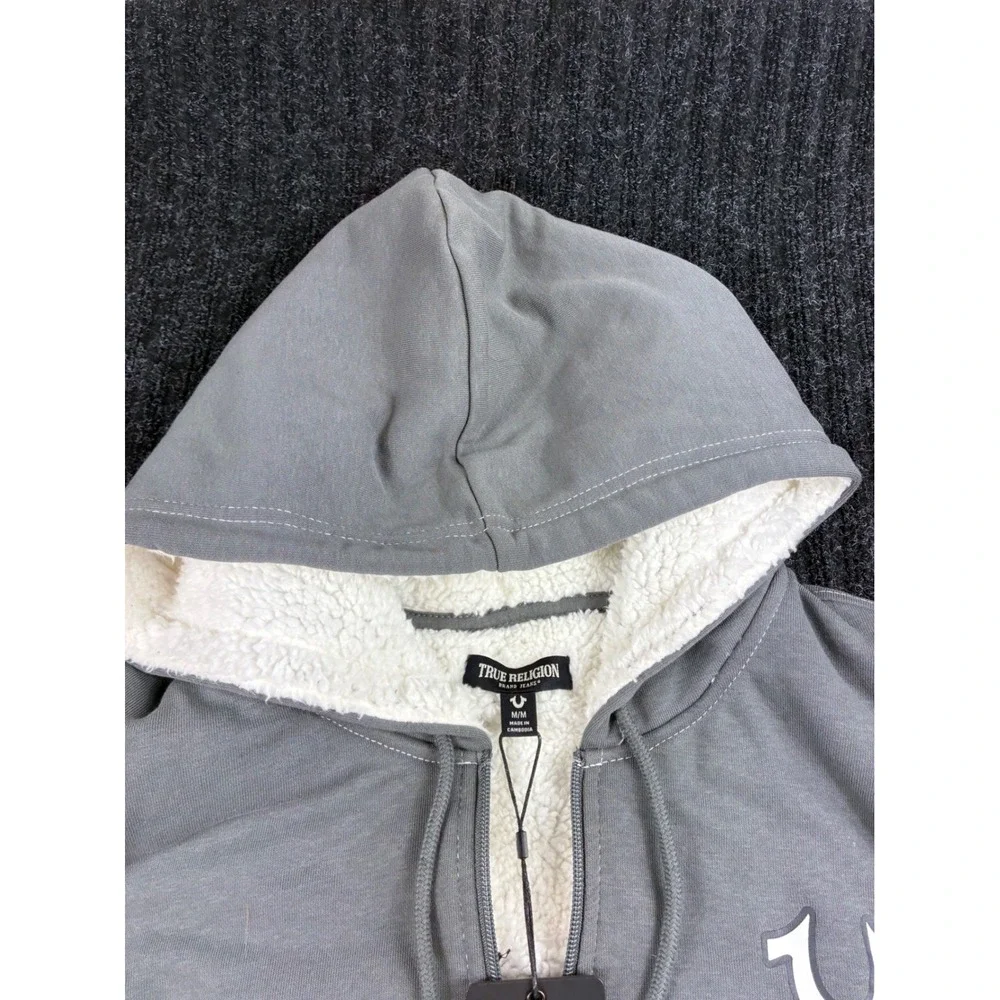 True Religion Mens Sherpa Lined Hoodie Gray Buddha Guitar Graphic ZipUp Jacket M